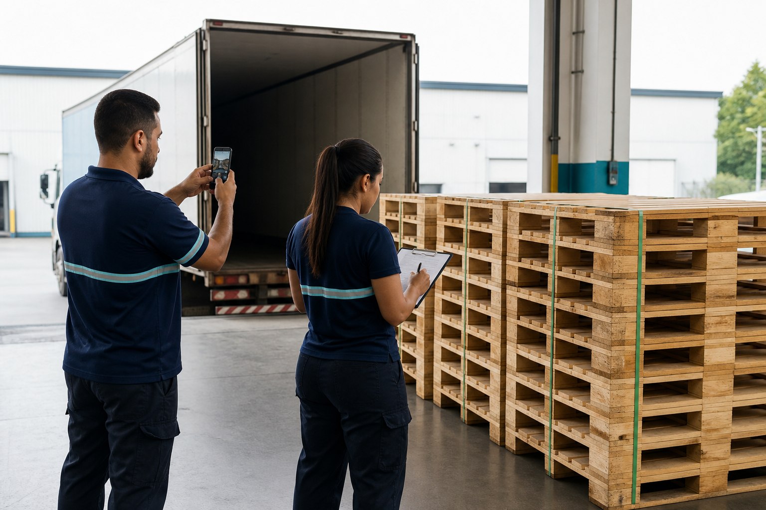 Equipe conferindo e fotografando um lote de pallets no recebimento