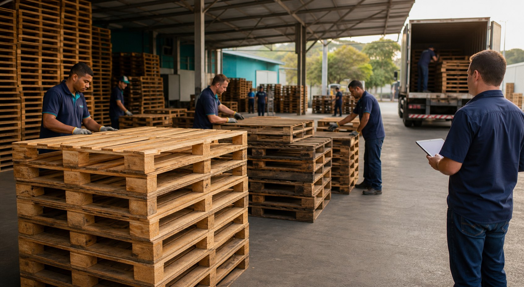 Equipe separando pallets por lotes para uso, manutenção e retorno
